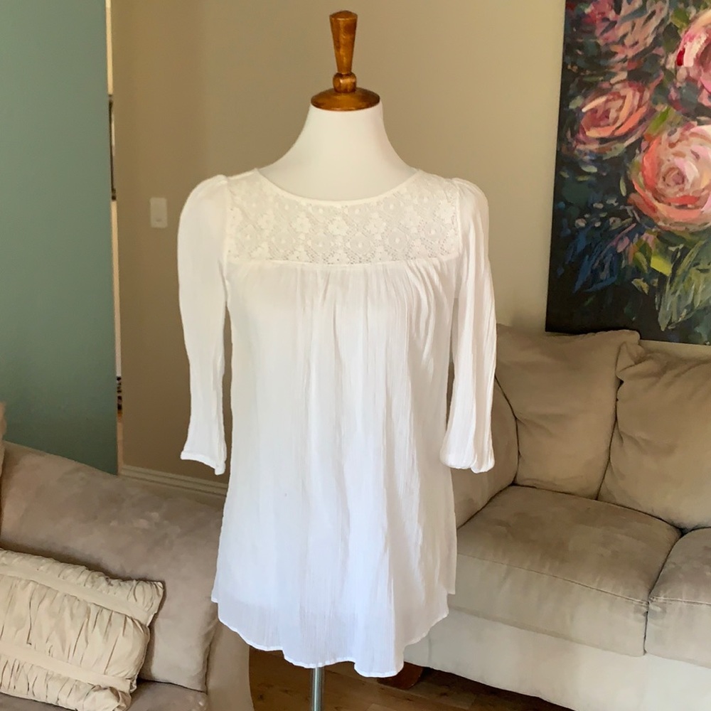 Chaps 100% cotton white lace tunic top 3/4 sleeves